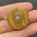 Tiger eye stone round pendant with gold filigree flower and double bail connectors - Double Loop Connector / Mandala Tiger Eye
