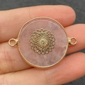 Pink rose quartz round pendant with golden mandala metal inlay and double loops - Double Loop Connector / Mandala Rose Quartz