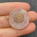 Pink rose quartz round pendant with gold trim and Greek key pattern for DIY jewelry - Double Loop Connector / Greek Key Rose Quartz
