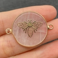 Pink rose quartz circular stone connector with golden honeybee design for DIY jewelry - Double Loop Connector / Bee Rose Quartz