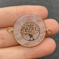 Pink quartz connector pendant with gold tree of life design for DIY jewelry making - Double Loop Connector / Tree of Life Rose Quartz