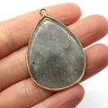 Natural gray spotted stone teardrop pendant with golden metal rimming for jewelry - Flash Stone (Labradorite)