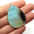 Natural gray agate teardrop pendant with gold-plated edge and multi-color stone textures - Amazonite