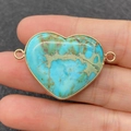 Pendentif connecteur en pierre impériale en forme de cœur bleu avec bordure dorée - Matrice Cyan Brun (Motif 13)
