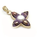 Purple crystal flower pendant with natural white pearl center and gold-plated edges - No.5 Four-Petal Flower (34x40mm)