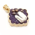 Purple crystal pendant with Baroque pearl and gold floral scalloped metal edge - No.6 Baroque Irregular (33x39mm)