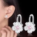 Elegant S925 silver flower earrings with pink gemstone inlay and matte petals - Pink Diamond Flower Earrings (ED2639) / 1 Pair