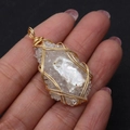 Detail of handmade wire-wrapped freshwater pearl and crystal resin cluster pendant - Gold Style No.2 / Gold Wire Wrap
