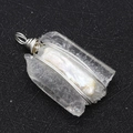 Macro detail of natural clear quartz and baroque pearl pendant with silver wire wrap - White Baroque Artificial Pearl Style (No. 1) / 25x50mm