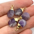Five teardrop-shaped purple natural stone pendants with gold-plated metal loops - 10x19mm 1g/pc / Purple Faceted Style (No. 6)
