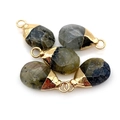 Macro detail of faceted labradorite pear charms with gold-plated metal loops - Labradorite (No. 8)