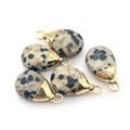 Five teardrop-shaped natural dalmation stone pendants with gold metal caps and loops - Dalmatian Jasper