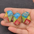 Colorful hexagon emperor stone pendant with gold metal frame and double connectors - Style 1
