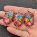 Flat hexagonal Emperor stone connector pendant with colorful mosaic and gold plating - Style 2