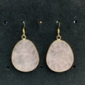 Elegant teardrop rose quartz earrings with gold metal plating on a black display stand - 26x35mm / Rose Quartz Color