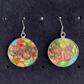 Silver hook earrings with bronze butterfly over colorful natural stone round pendant - Butterfly (No.4)