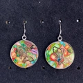 Handmade round natural turquoise stone earrings with metallic koi fish pattern design - Fish (No.7)