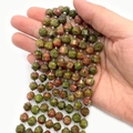 Faceted Unakite natural stone beads with green and reddish-brown mottled texture - Unakite