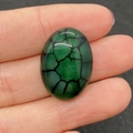 Groene ovale crackle agaat cabochon steen vastgehouden om de textuur te laten zien - Groene Crackle Agaat (Nr. 14) / 18x25mm