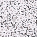 White acrylic cube beads with black numbers and symbols for DIY jewelry making - Arabic Numerals / 50 Pieces / White with Black Numbers