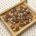 Golden stainless steel oval link chain with natural sunstone beads and white ABS pearls - Irregular Size Roll / Light Brown Stone Style (14)