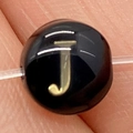 Black round shell bead featuring a golden engraved letter J for DIY jewelry making - 8mm 11g/Piece / Letter J