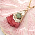 Irregular raw red stone pendant with green crystal in gold plated finish for DIY necklace - Red and Green
