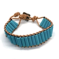 Detail of blue cylindrical stone beads on a brown braided leather cord bracelet - No.10 (Sky Blue)
