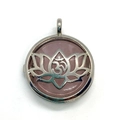 Pink quartz stone pendant with lotus hollow design and silver OM symbol on white background - Pendant Only (Without Chain) / Rose Quartz
