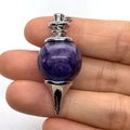 Silver metal pendulum pendant featuring a round purple amethyst stone sphere gemstone - Purple Crystal