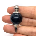 Polished black gemstone pendulum pendant with silver metal accents for necklace jewelry - Black Agate