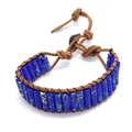 Handcrafted blue cylindrical natural stone bead bracelet with brown leather cord - No.9 (Blue Mottled Texture)