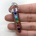 Handcrafted hexagonal goldstone crystal pyramid pendant with 7 chakra stones and silver clasp - Gold Sandstone