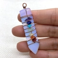 Opalite hexagonal point pendant with copper wire wrapping and seven chakra stones - Opal / 15x57mm