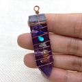 Copper wire wrapped amethyst hexagon point pendant with seven chakra stones - Purple Crystal / 15x57mm