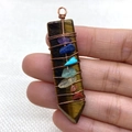Tiger Eye hexagonal prism pendant with copper wire wrap and seven chakra gemstones - Tiger's Eye / 15x57mm