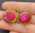 Connettore a ciondolo tondo piatto in pietra imperiale con placcatura oro e doppi anelli - Texture Rosa Arancio Verde (N. 2)