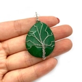 Green water drop natural stone pendant with silver wire-wrapped life tree design - Dark Green