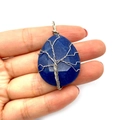 Blue teardrop natural stone pendant with silver wire wrapped tree of life design - Dark Blue