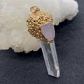 Natural clear quartz hexagonal crystal pendant with a textured golden metal plating cap - White Crystal Column with Gold-Tone Cluster Cap (#1)