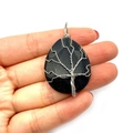 Handmade life tree silver wire wrapped black agate teardrop pendant with faceted stone - Black
