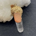 Irregular orange druzy and clear quartz crystal point pendant with golden metal plating - White Crystal Pillar with Orange Crystal Cluster and Gold Cap (No. 4)