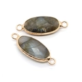 Faceted oval labradorite gemstone connector with gold double loops for DIY jewelry making - 11x30mm / Flash Stone (Labradorite)