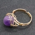 Handmade wire wrapped ring with 10mm round purple natural stone and gold finish - Purple Crystal