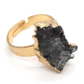 Minimalist gold plated ring with raw black crystal stone in an adjustable open band design - Black Raw Stone (No. 2)