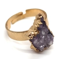 Adjustable gold ring featuring a raw natural purple amethyst crystal cluster stone - Purple Raw Stone (No.5)
