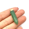 Green stone hexagonal column pendant with gold bail shown on fingertip for size reference - Green Aventurine (No. 7)