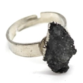 Adjustable silver ring featuring an irregular raw black natural stone crystal druzy - Gray/Black Raw Stone (No. 10)