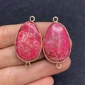 Fuchsia natural stone water drop connector with gold plated edges and double rings - Rose Red Marble Texture (No.5)