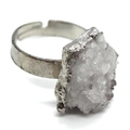 Irregular raw white crystal cluster ring with silver adjustable wide band - White Crystal Druzy (No. 13)